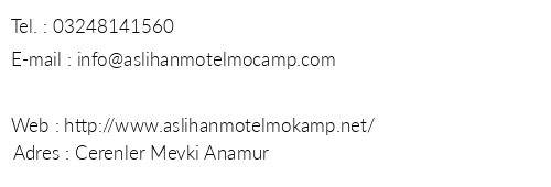 Aslhan Motel Karavan Camping telefon numaralar, faks, e-mail, posta adresi ve iletiim bilgileri